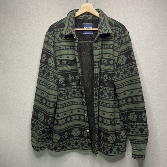 VSTR Aztec Shirt Jacket Mens L Green Black Button Fleece Lined Long Sleeve Cozy - Picture 1 of 7